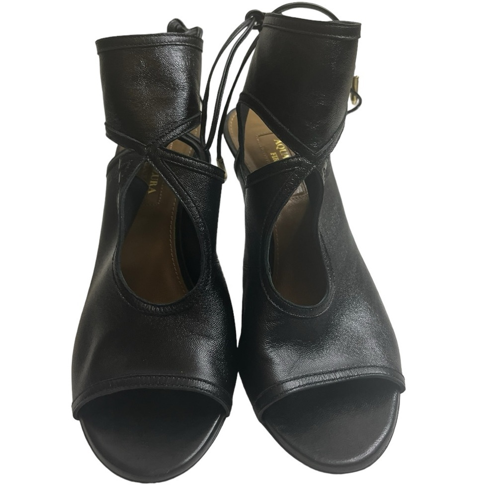 Aquazzura Shoe Black Leather Tie Back Open Toe Slim Heel Size 36